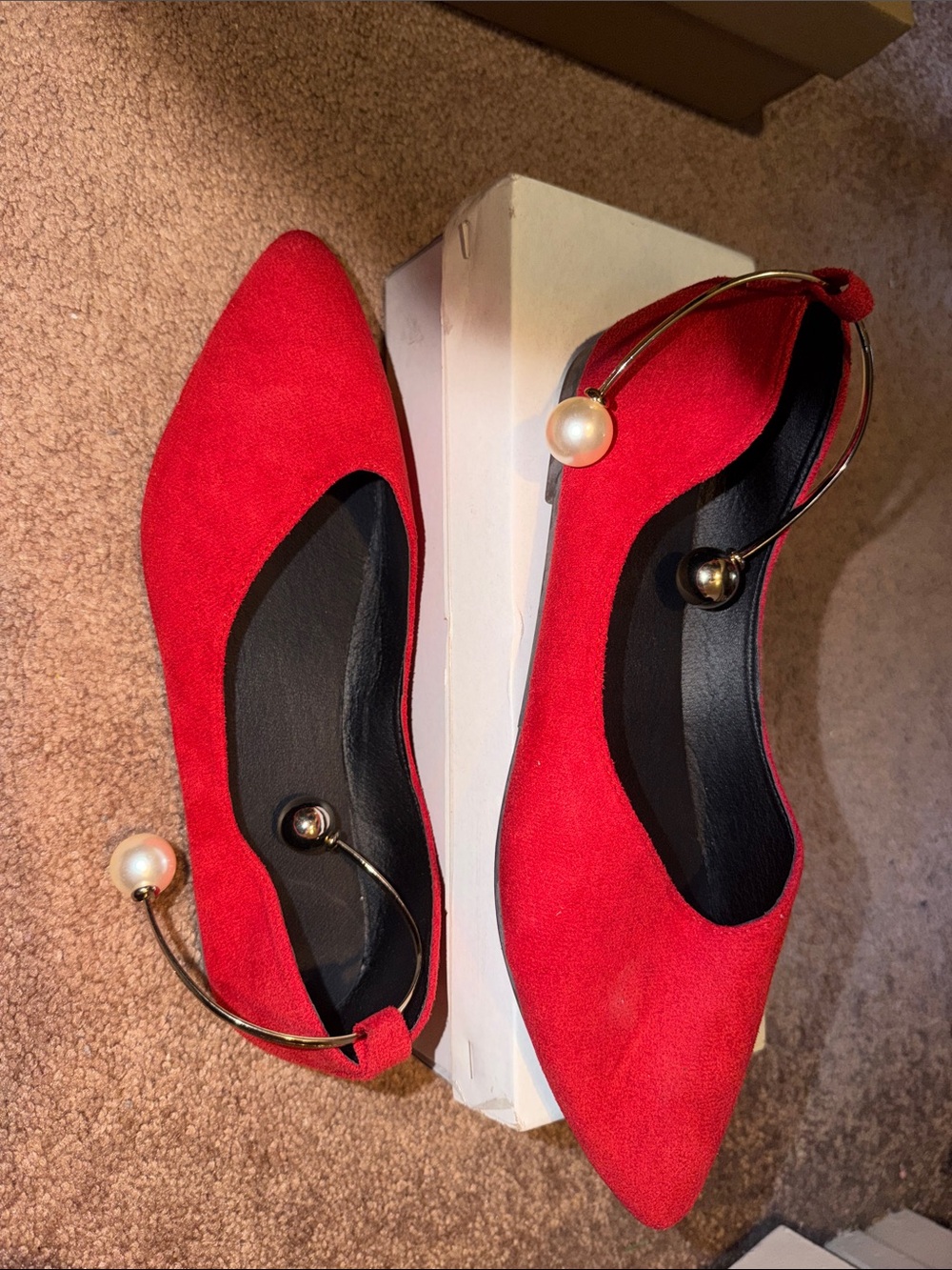Red Pointed Toe Pearl-Accent Flats - Women